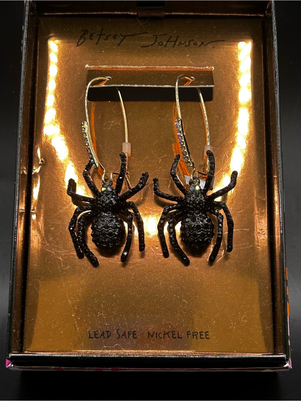 Betsey Johnson Black Sparkle Spider Hoop Earrings